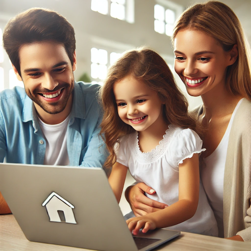 Family using a laptop, looking happy and engaged.