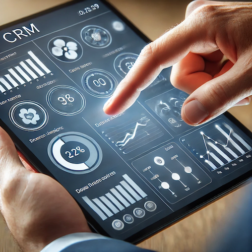 Close-up of a tablet screen showing a user interacting with a CRM interface.