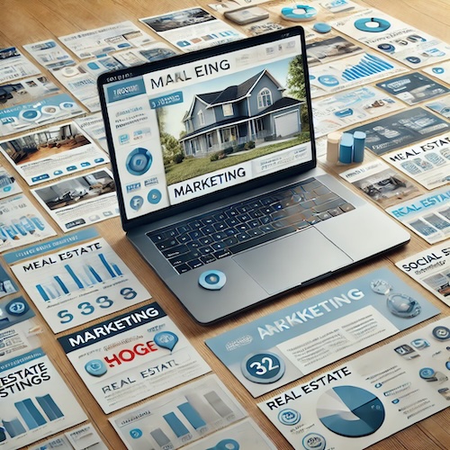 Laptop screen showing a variety of marketing materials for real estate.