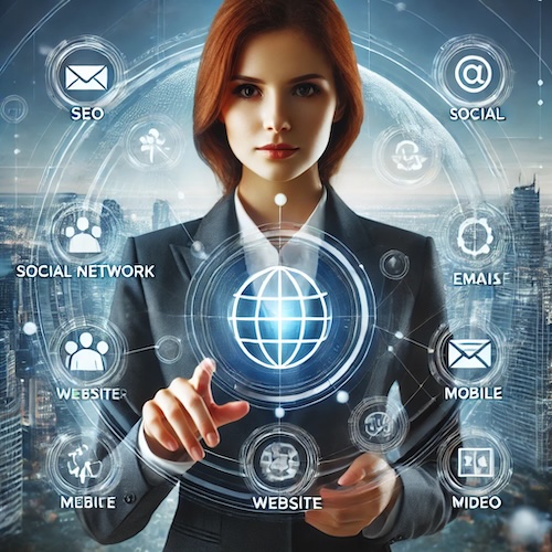 Professional businesswoman in a suit, interacting with a virtual interface showing various digital marketing elements.